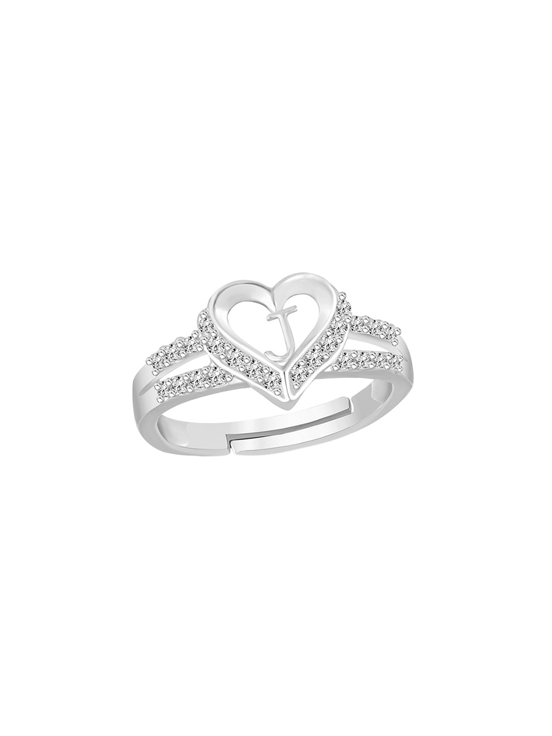 

Lila Silver Plated Cubic Zirconia Studded Heart Shaped Alphabet J Finger Ring