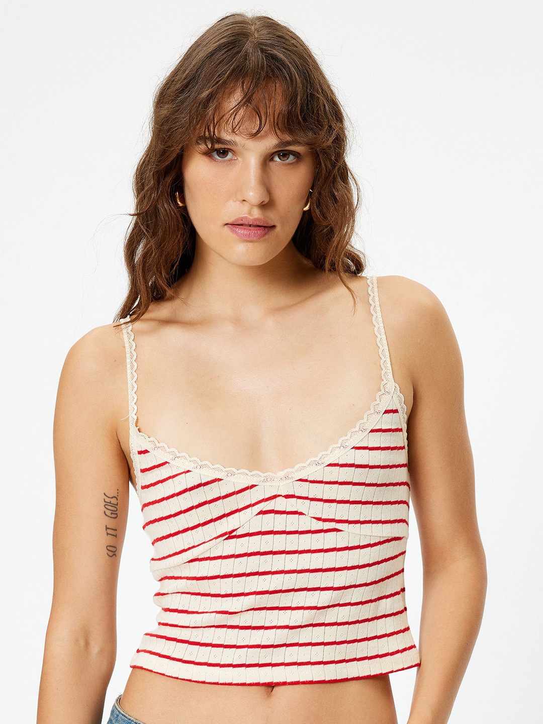 

Koton Women Horizontal Striped Scoop Neck Polyester Top, Red
