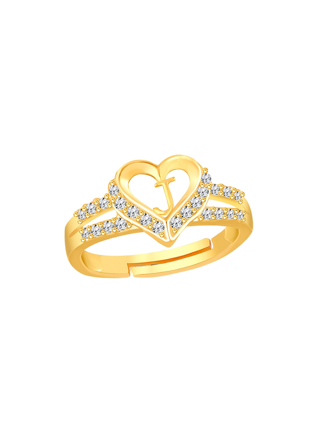 

Lila Gold Plated Cubic Zirconia Studded Heart Shaped Alphabet J Finger Ring