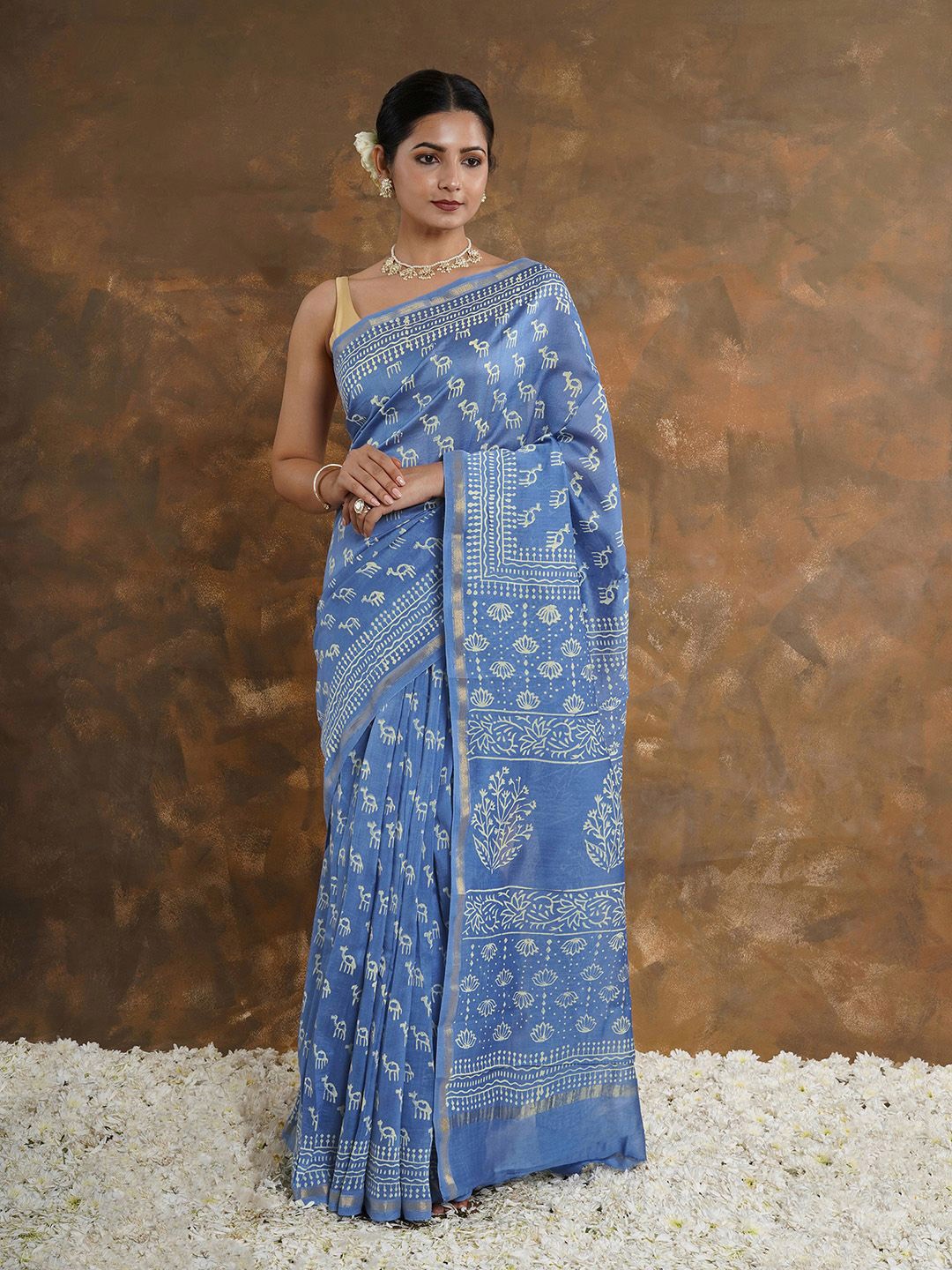 

TEEJH Ethnic Motifs Printed Zari Chanderi Saree, Blue