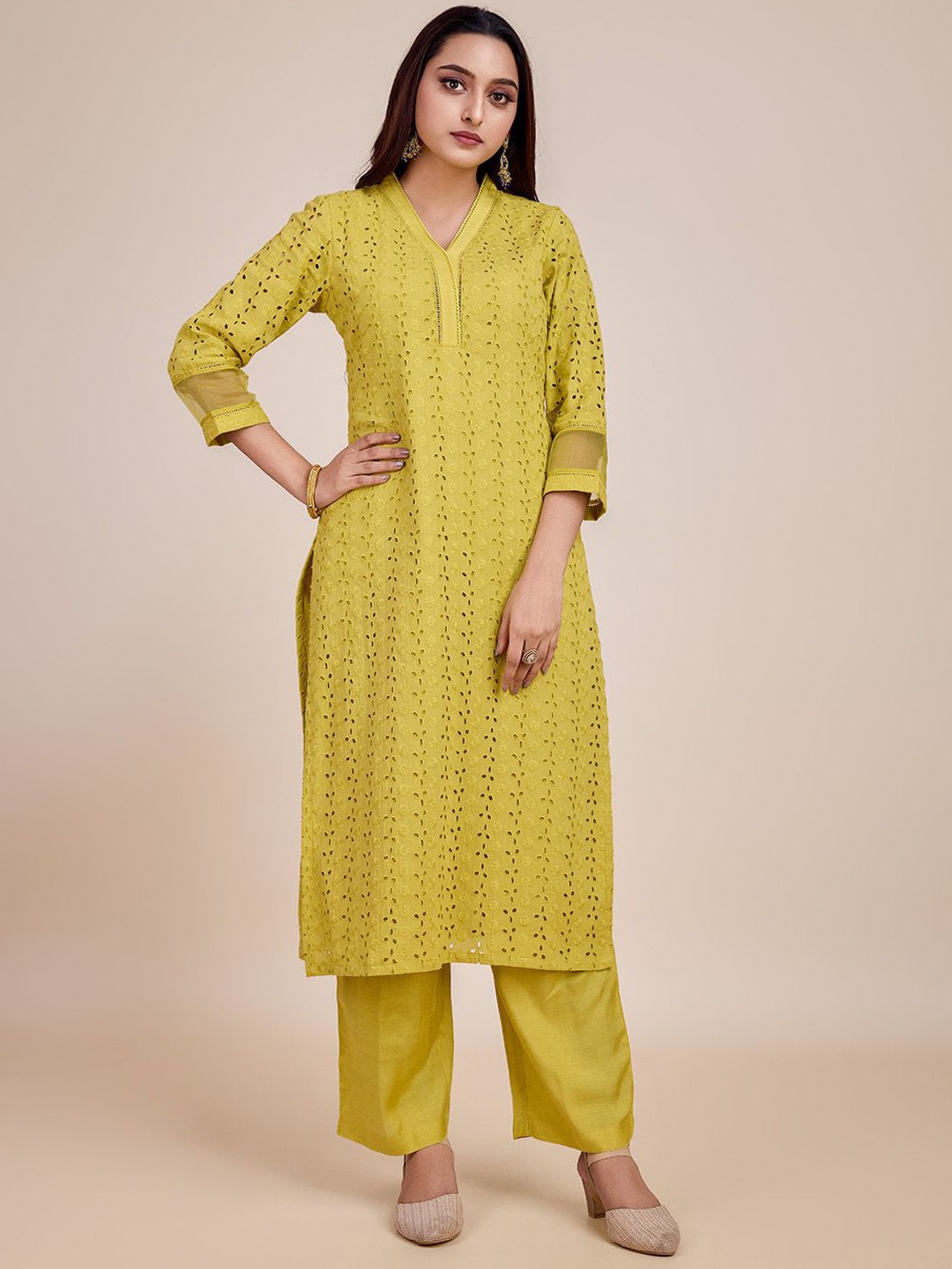 HERE&NOW Floral Embroidered Kurta with Trousers, Yellow