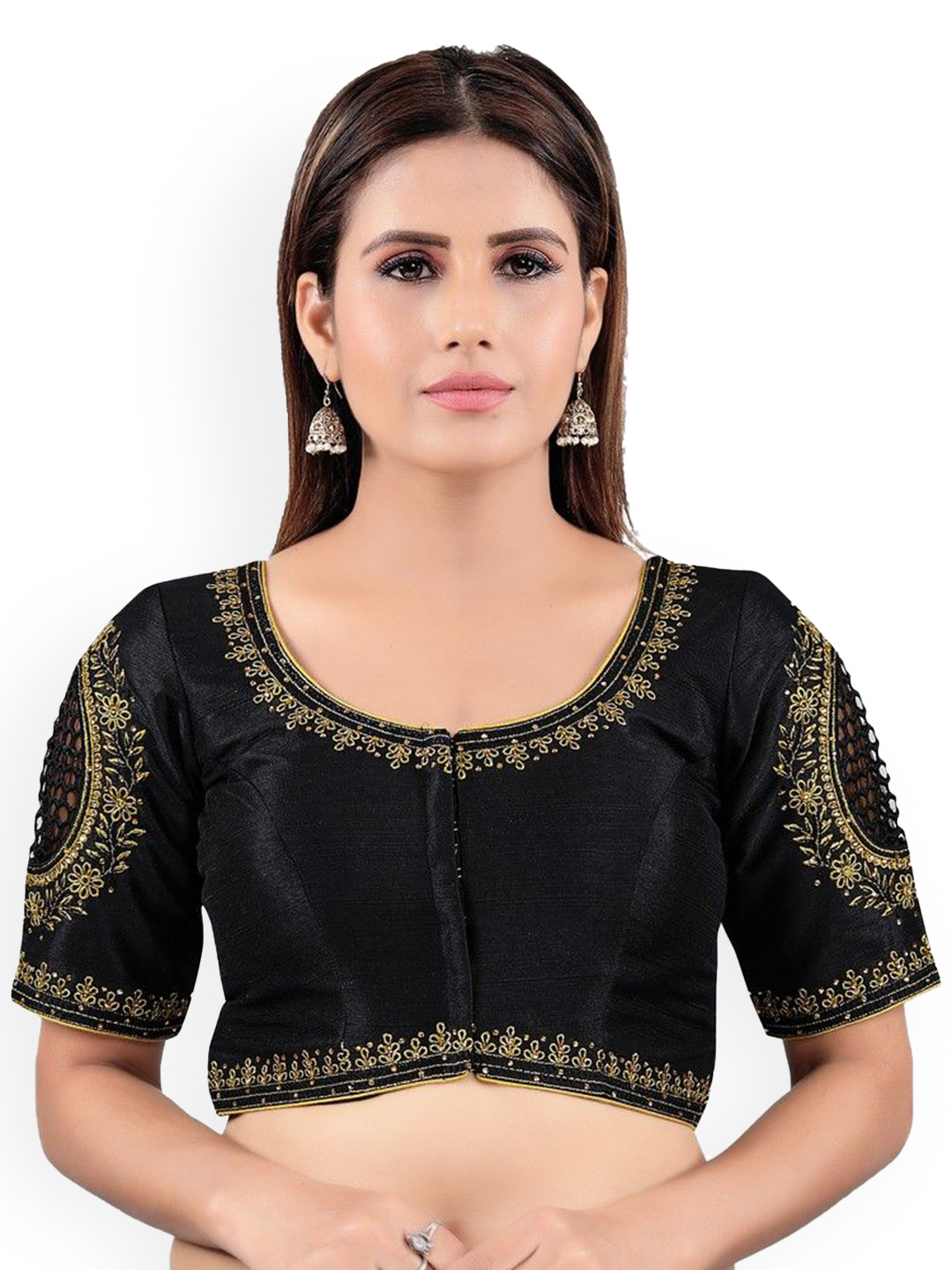 

Mmore Embroidered Round Neck Thread Work Saree Blouse, Black