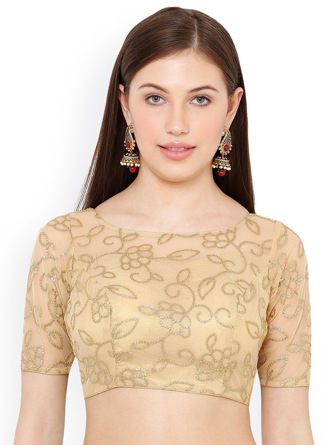 

Mmore Net Embellished Boat Neck Saree Blouse, Gold