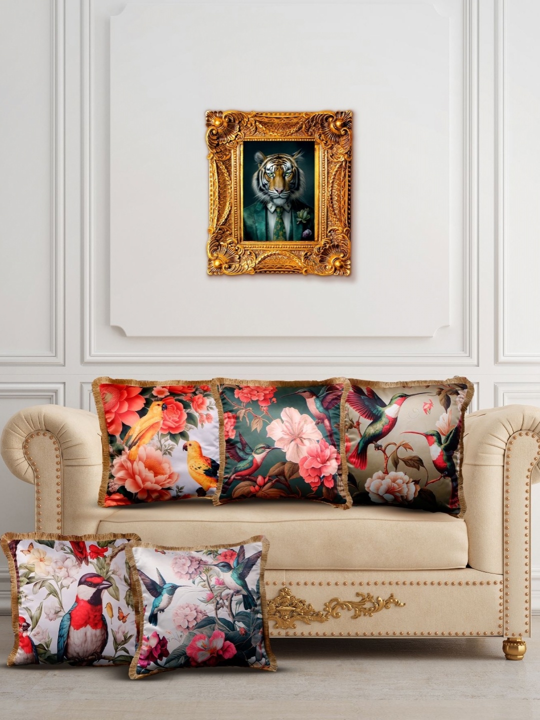 

THE WHITE INK DECOR White & Red 5 Pieces Floral Printed Satin Square Cushion Covers