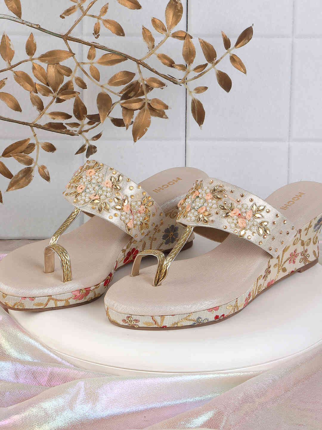 

Mochi Embellished Synthetic Wedge Heel Sandals, Gold