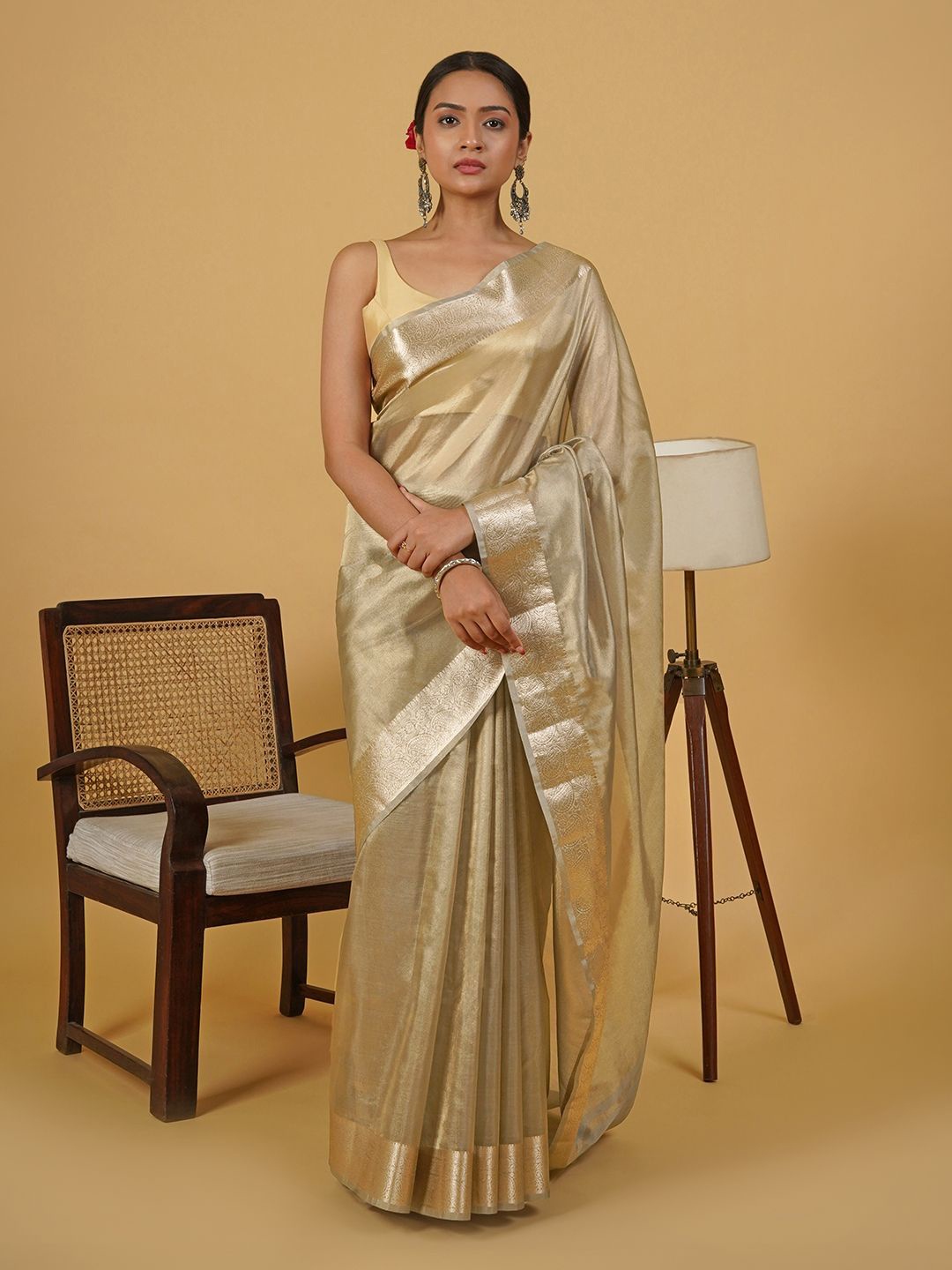 

TEEJH Zari Tissue Banarasi Saree, Silver