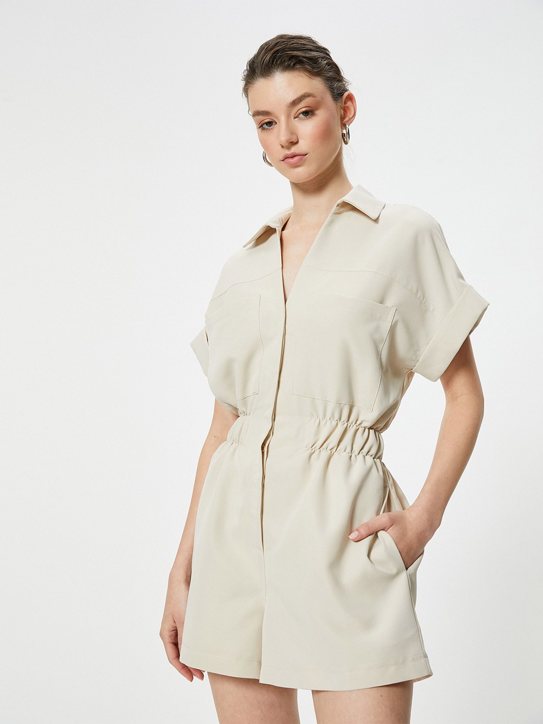 

Koton Shirt Collar Front Pocket Playsuit, Grey