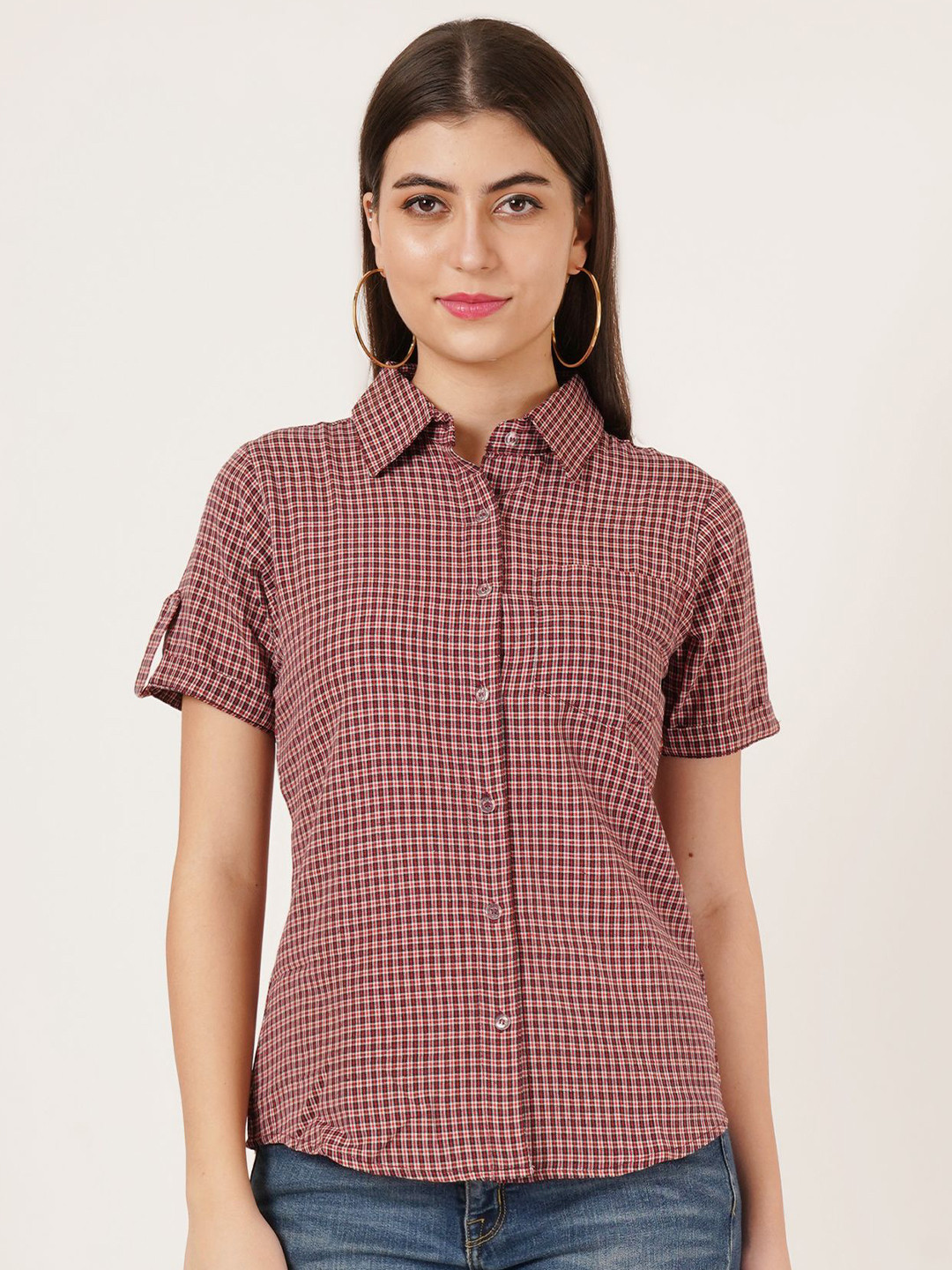 

Karmic Vision Women Original Spread Collar Gingham Checked Cotton Casual Shirt, Pink