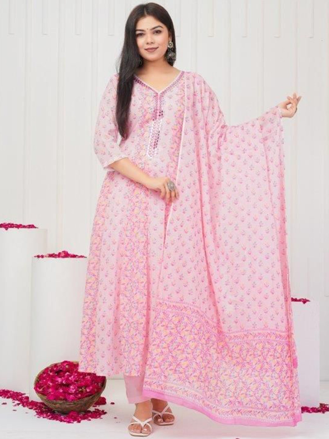 

ZOYOTO Floral Printed Mirror Work Regular Pure Cotton Anarkali Kurta with Trousers, Pink