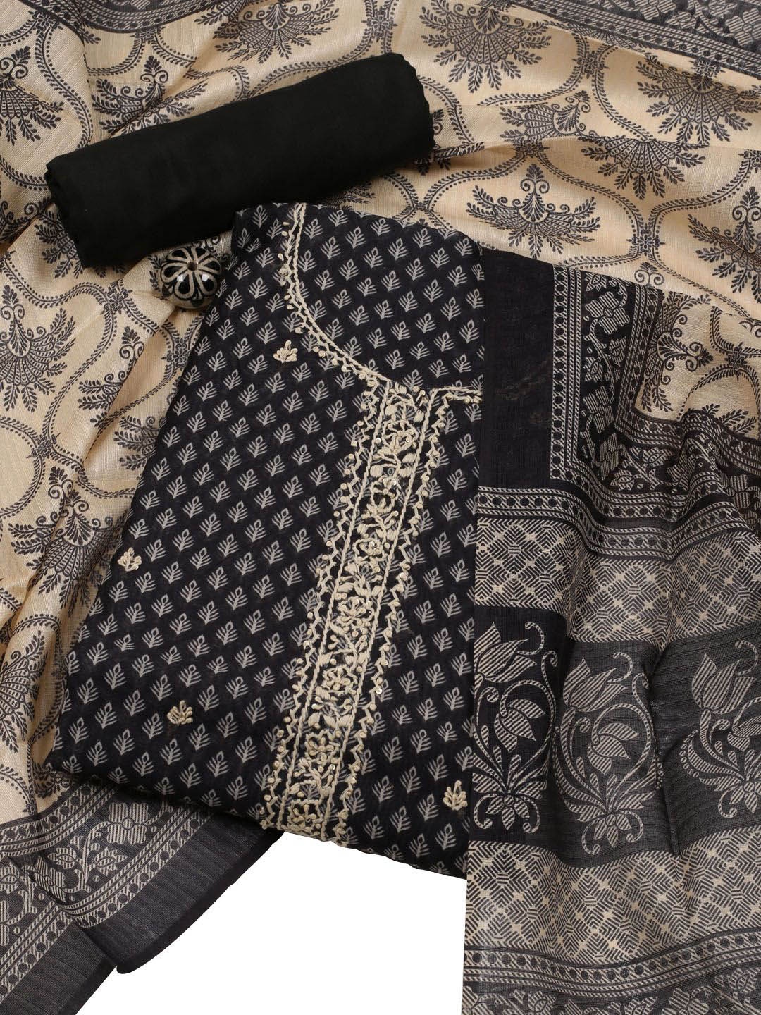 

Meena Bazaar Printed Art Silk Unstitched Dress Material, Black