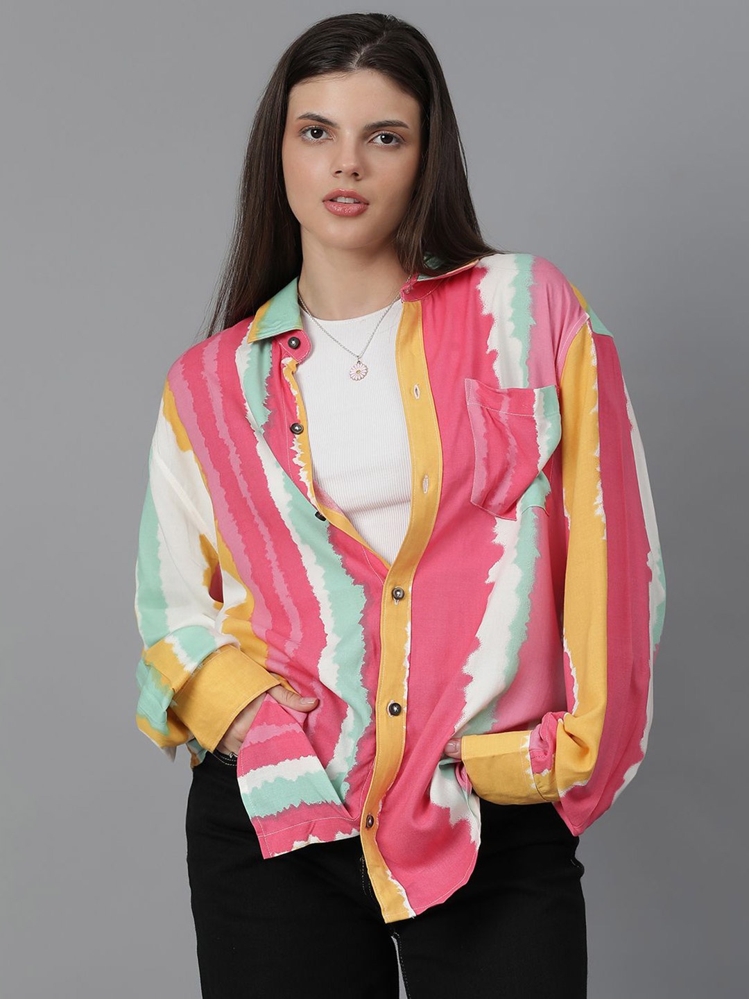 

Kotty Women Spread Collar Dyed Cotton Oversized Casual Shirt, Pink
