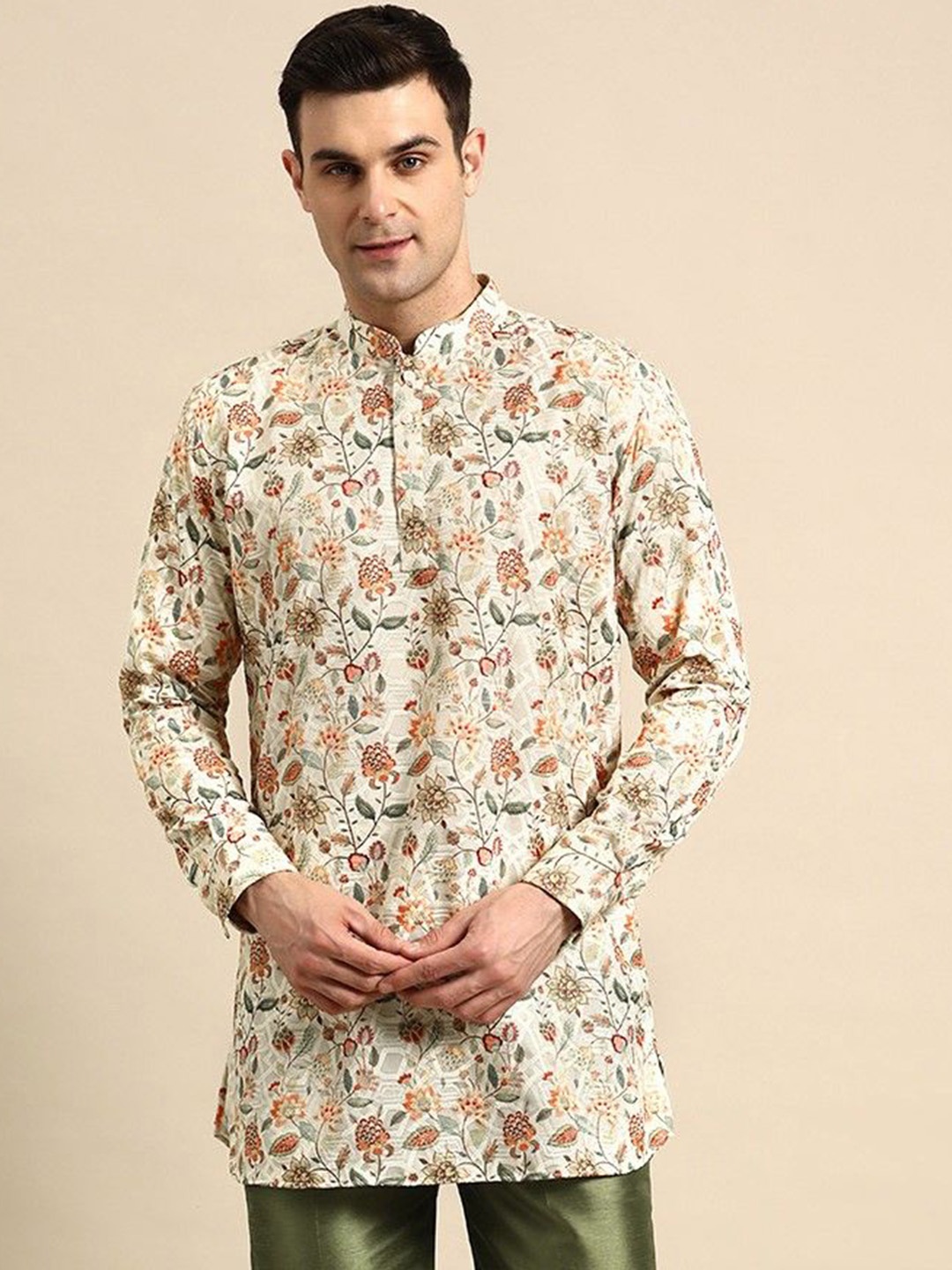 

Sayisha Floral Printed Mandarin Collar Cotton Silk Straight Kurta, Cream