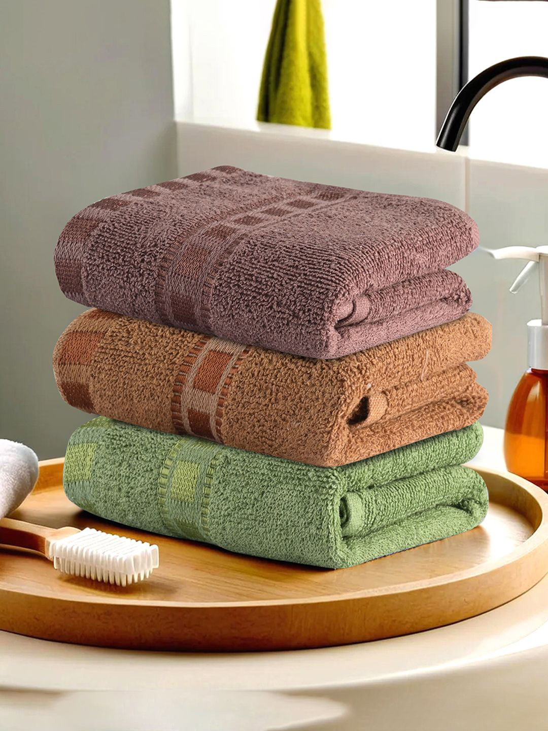

Kuber Industries Brown & Green 3 Pieces Cotton 225 GSM Anti Bacterial Face Towels