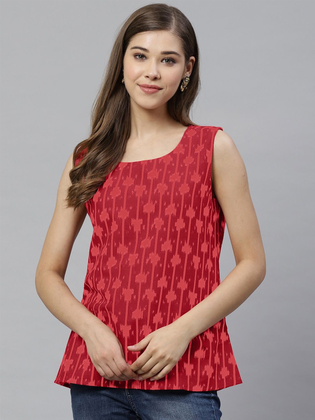 

Ahalyaa Women Abstract Printed Round Neck Cotton Top, Red