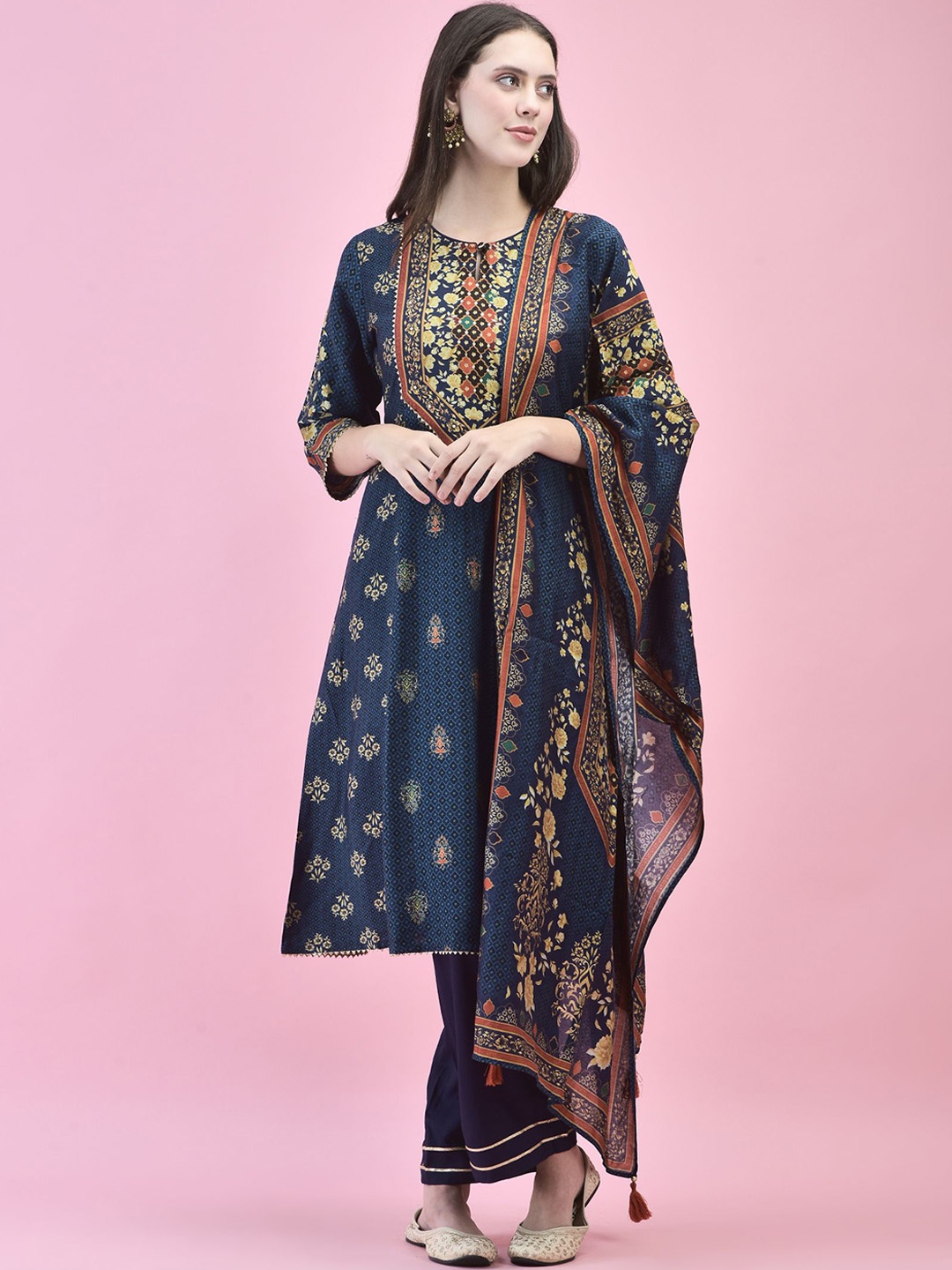 

Shree Floral Printed Round Neck Gotta Patti Kurta With Trousers & Dupatta, Blue