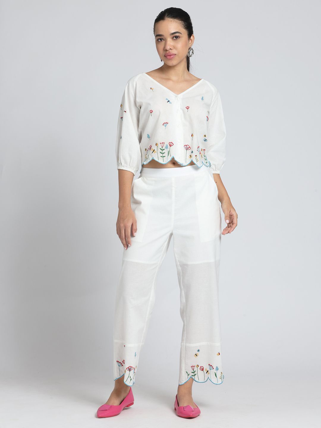 

SHAYE Floral Embroidered Pure Cotton V-Neck Top With Trouser, White