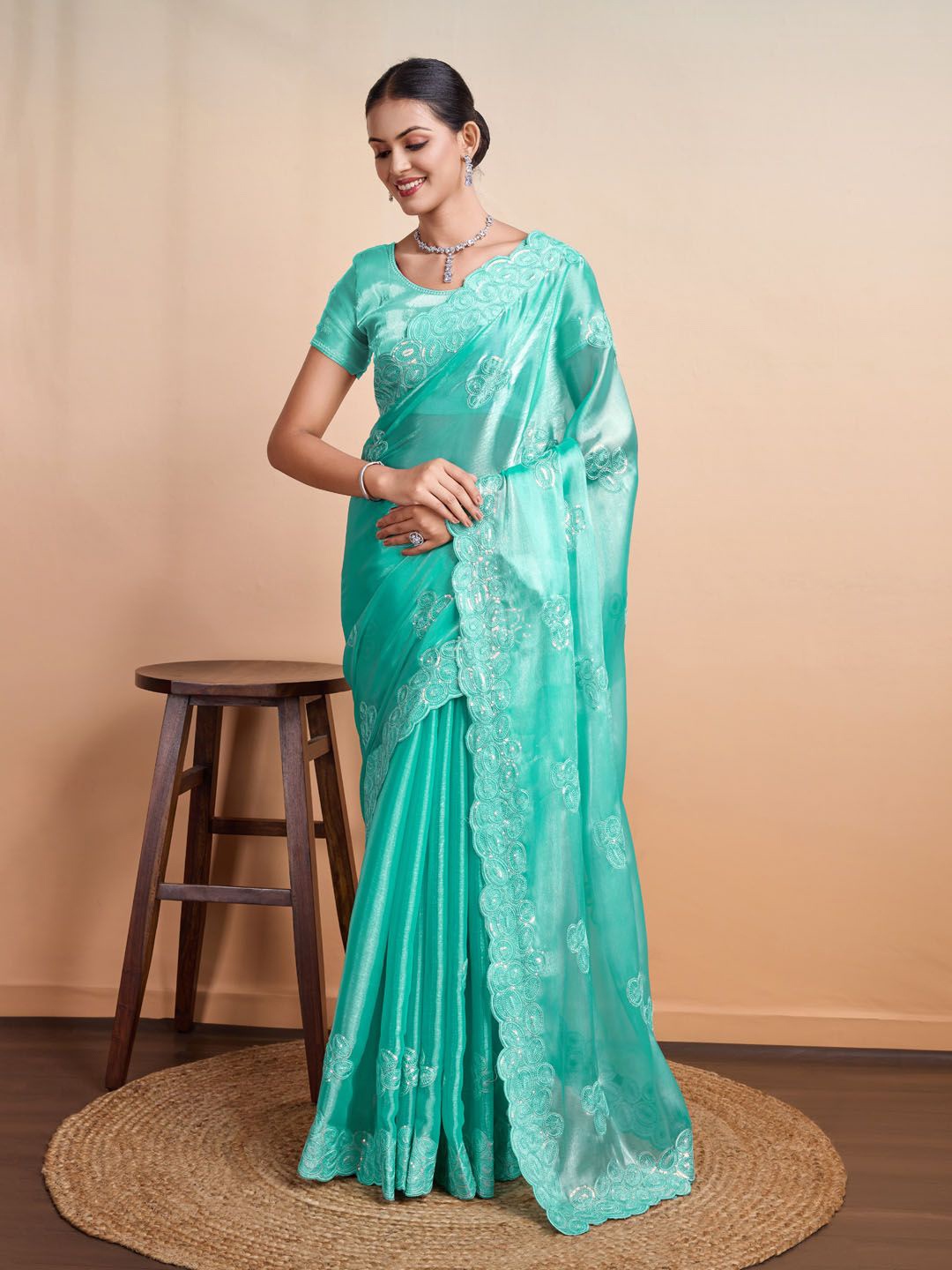 

Meena Bazaar Sequin Embellished Organza Saree, Green