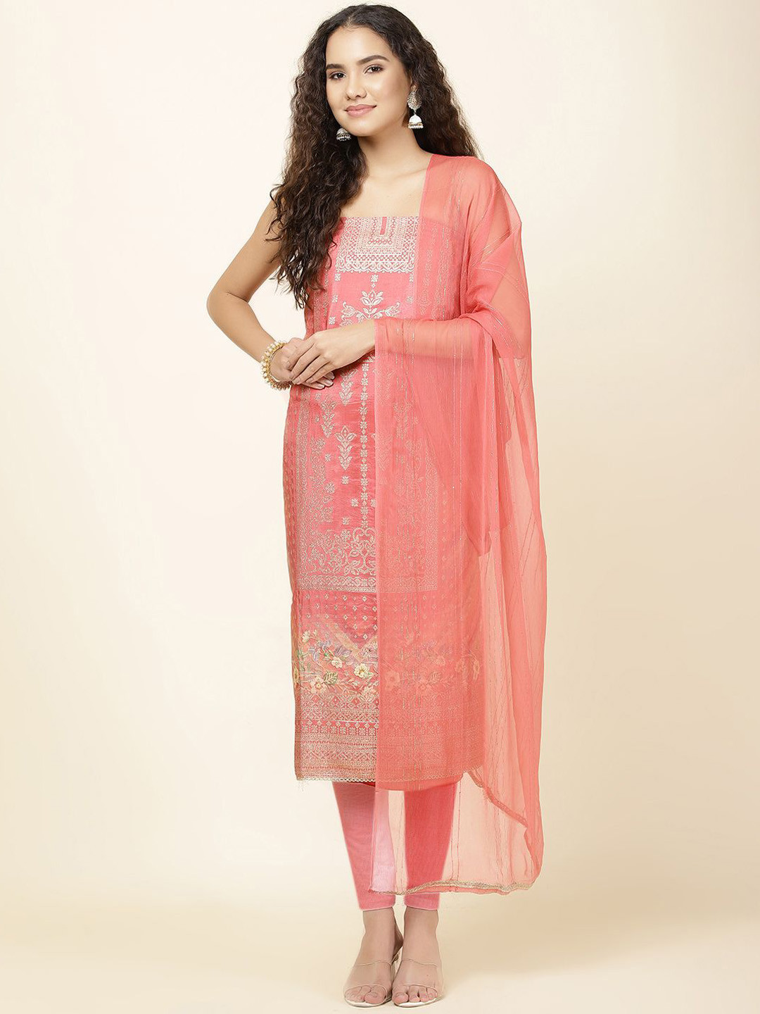 

Meena Bazaar Floral Woven Design Unstitched Dress Material, Pink