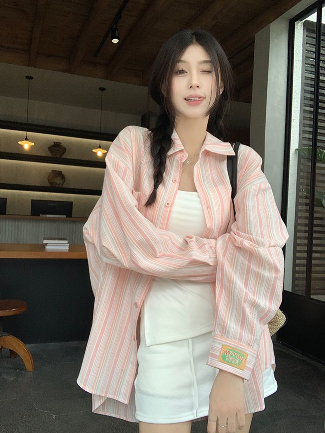 

StyleCast x Revolte Women Spread Collar Striped Oversized Casual Shirt, Pink