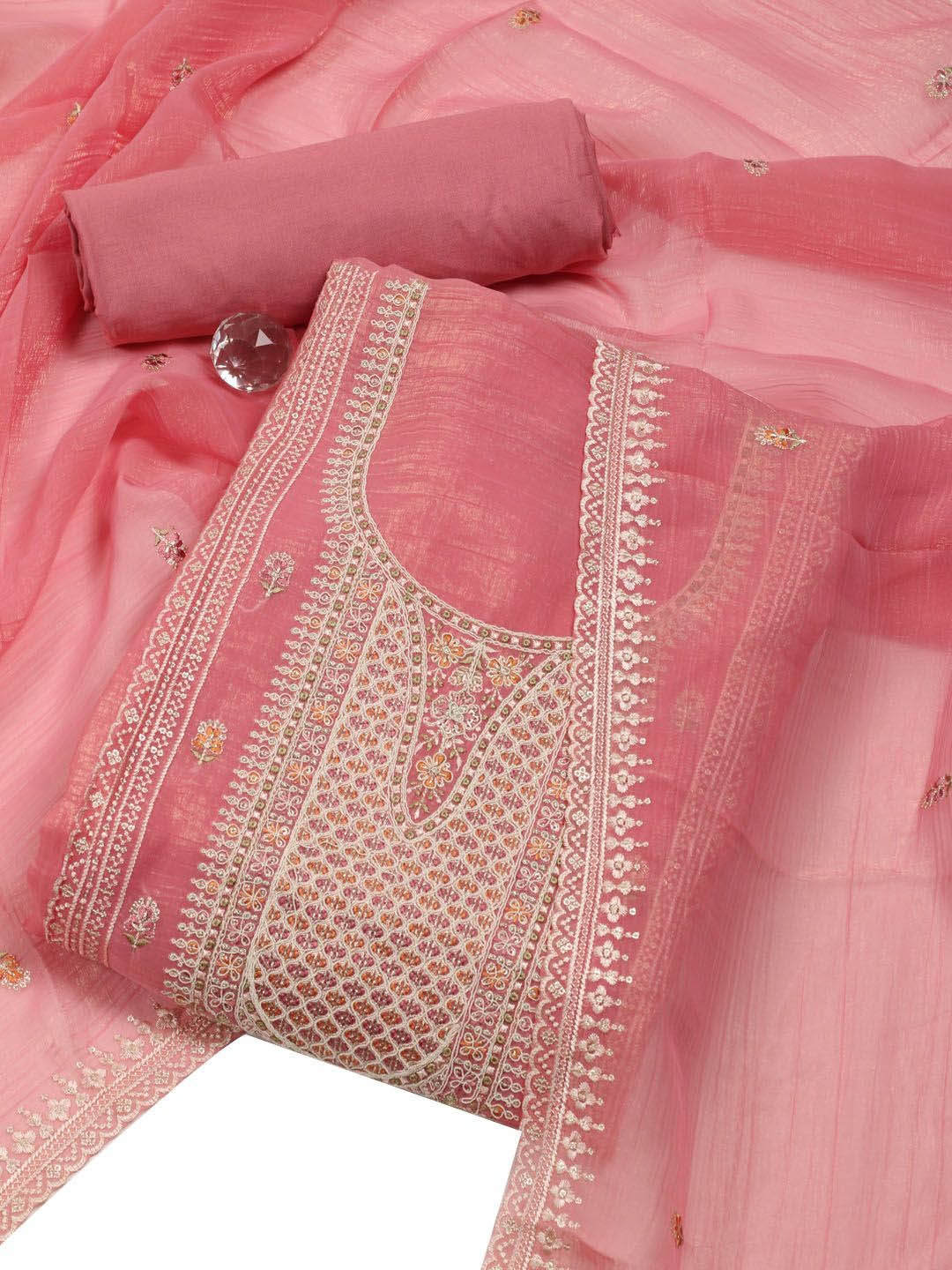 

Meena Bazaar Floral Embroidered Sequinned Unstitched Dress Material, Pink