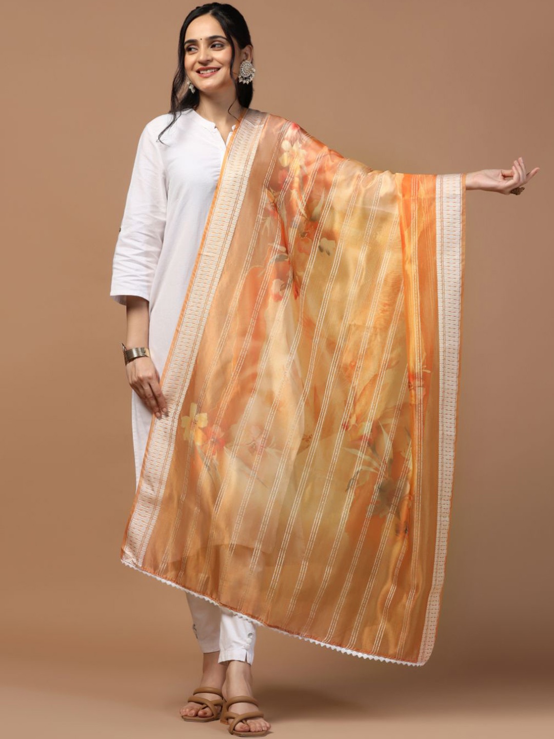

Kaizen TEXO FAB Floral Printed Sequinned Organza Dupatta, Orange