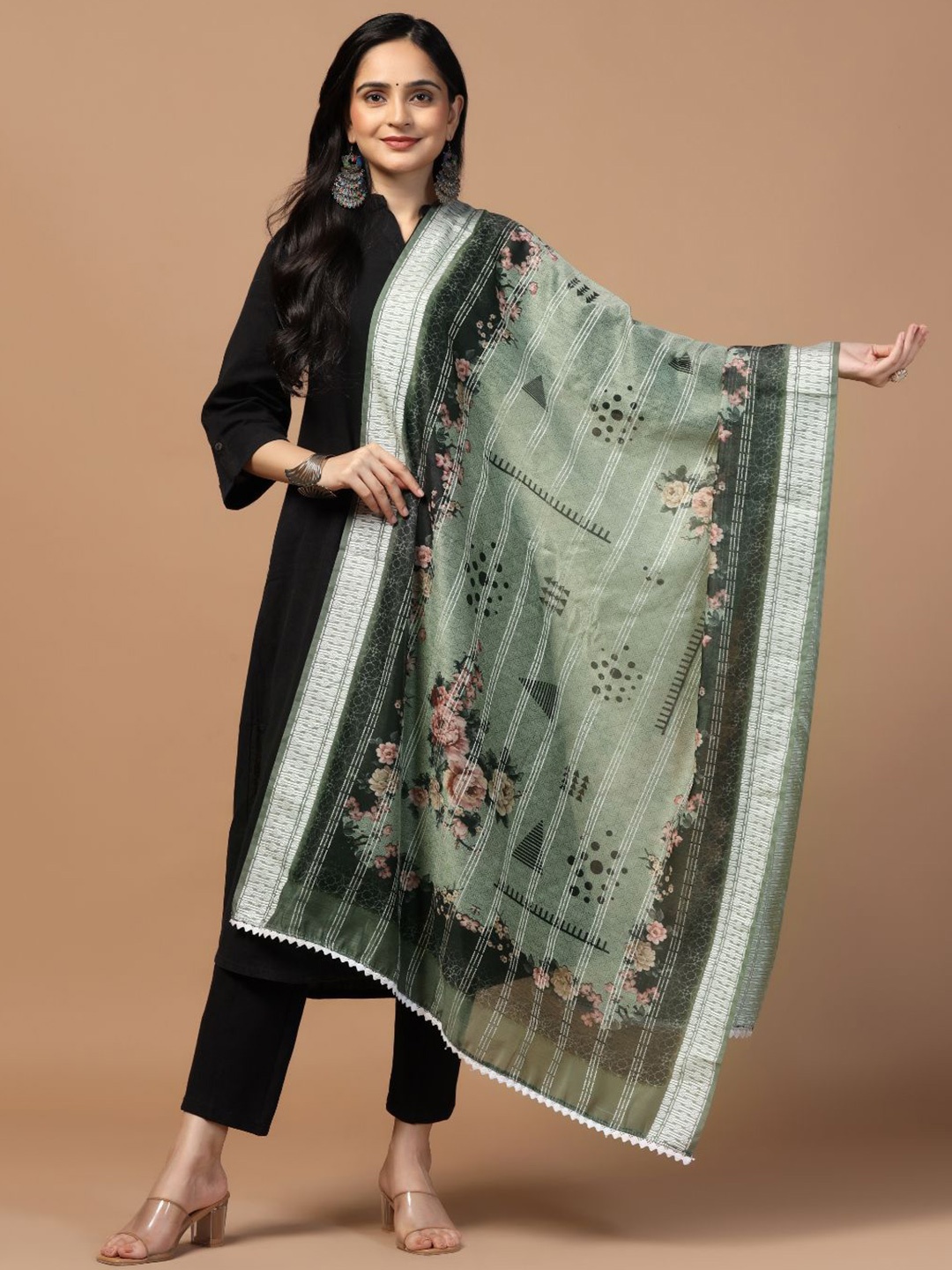 

Kaizen TEXO FAB Floral Printed Sequinned Chanderi Cotton Dupatta, Grey