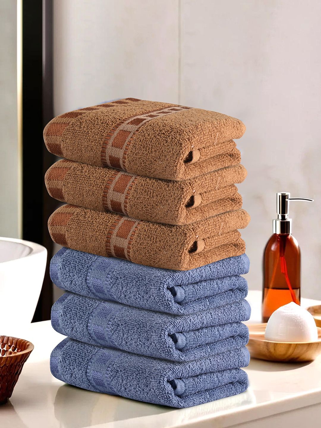 

Kuber Industries Blue & Brown 6 Pieces Self Design Cotton 225 GSM Face Towels