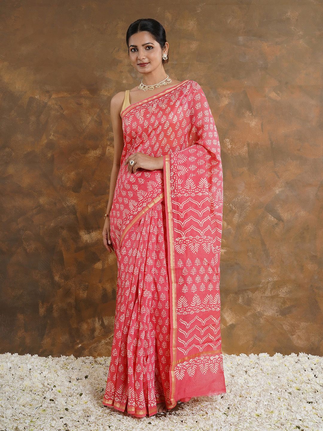 

TEEJH Ethnic Motifs Printed Zari Chanderi Saree, Coral