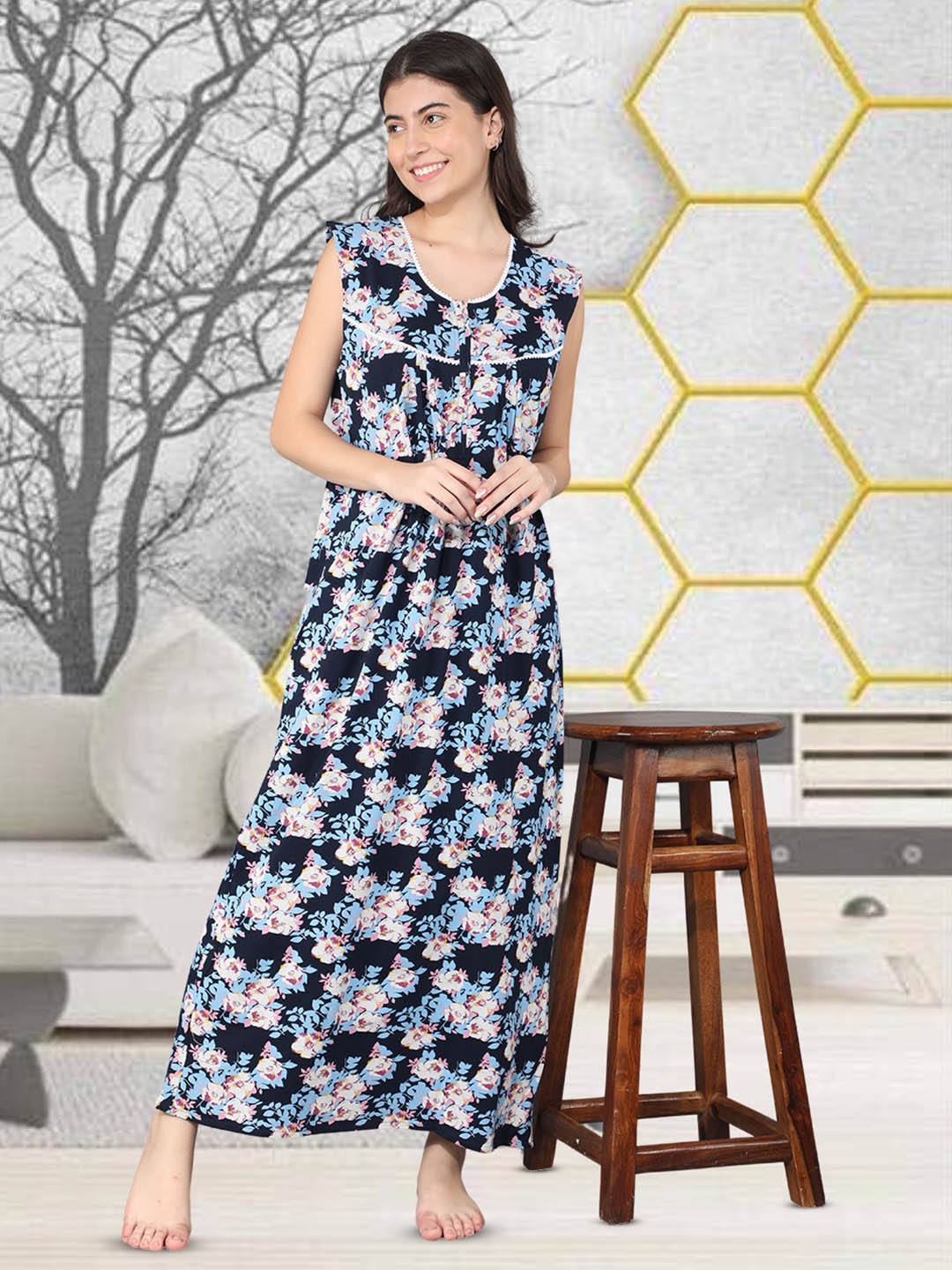 

Noty Sleeveless Floral Maxi Nightdress, Blue