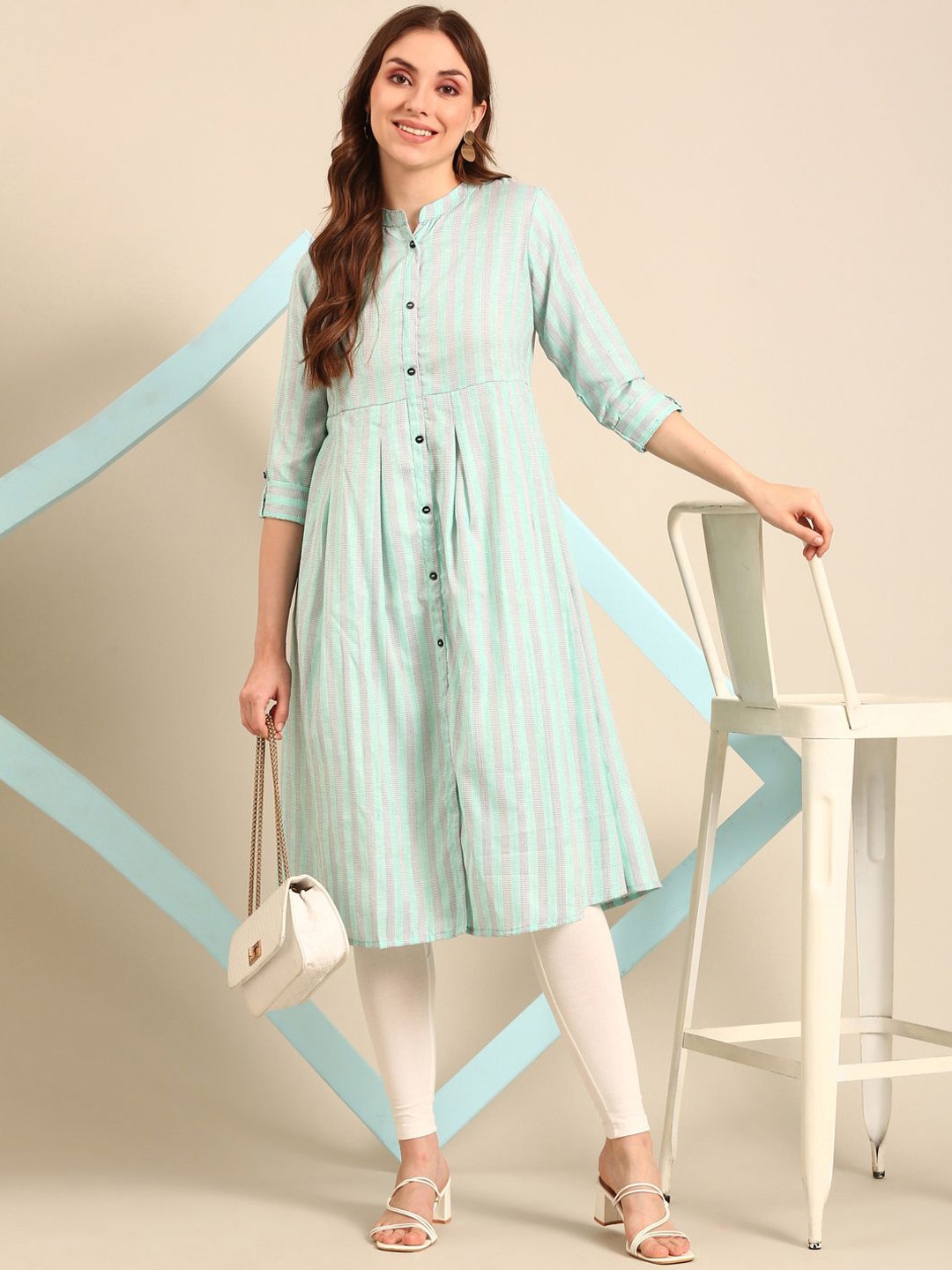 

Anouk Blue Striped Mandarin Collar Pure Cotton A-Line Kurta