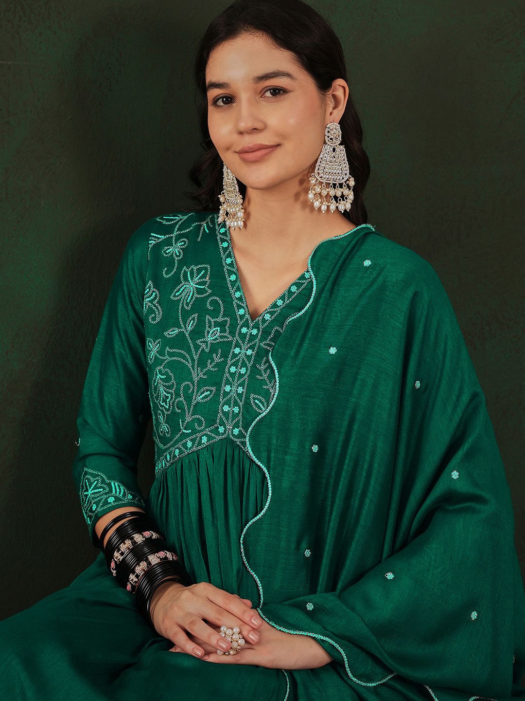 

Sangria Floral Embroidered Zari Anarkali Kurta With Trouser & Dupatta, Green