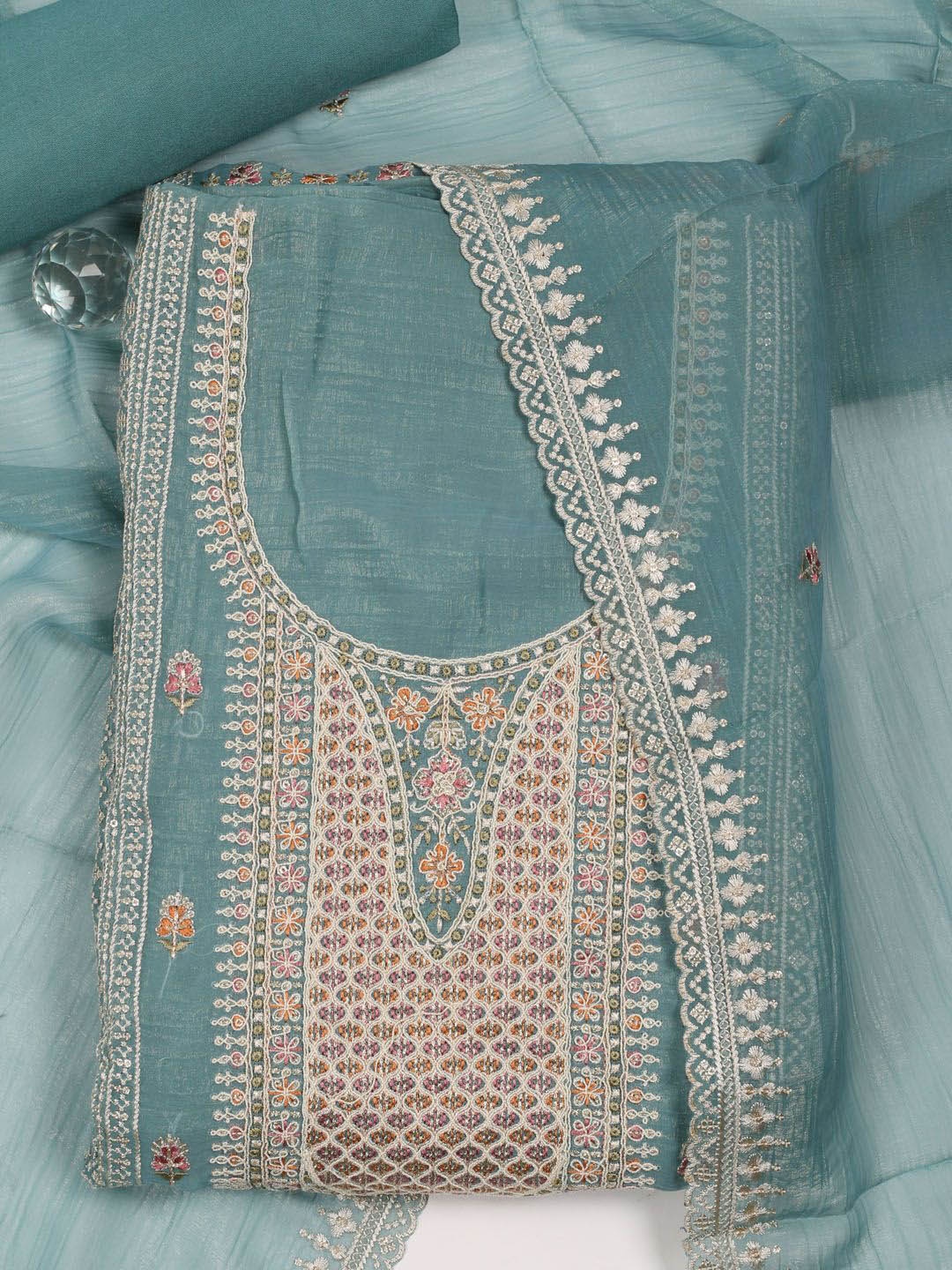 

Meena Bazaar Floral Embroidered Sequinned Unstitched Dress Material, Blue