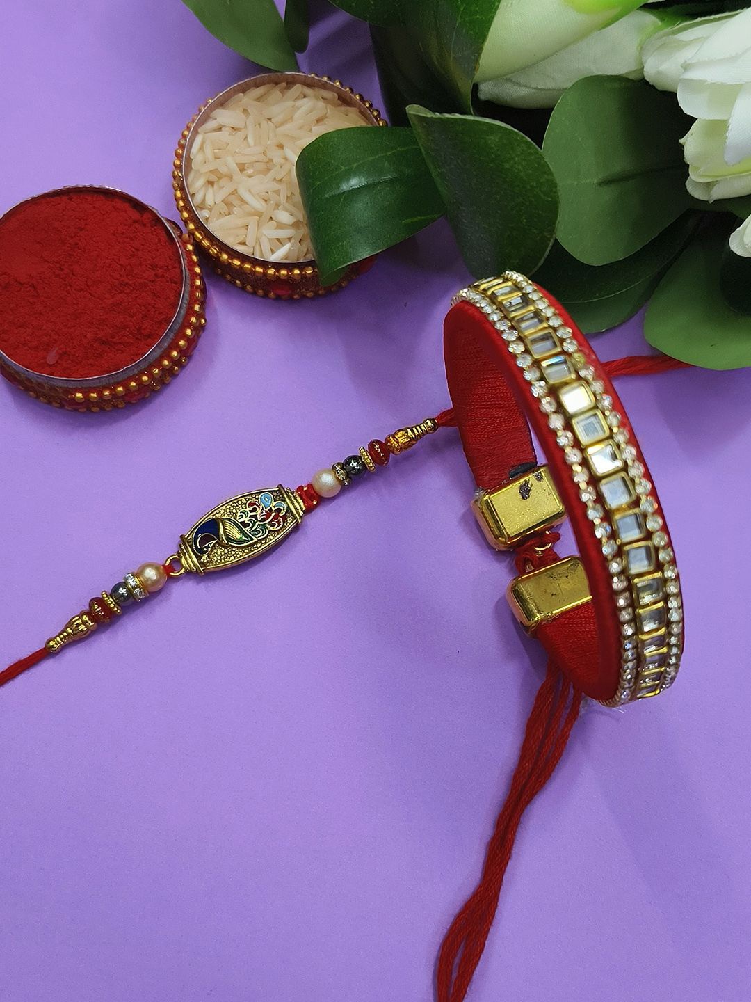 

StileAdda Bhaiya Bhabhi Stones Studded & Beaded Thread Rakhis With Roli Chawal, Red