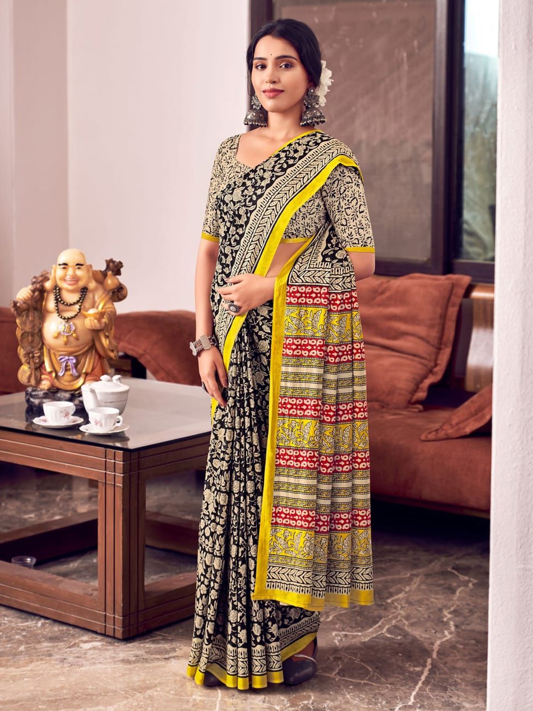 

Suha Ethnic Motifs Printed Pure Cotton Saree, Black