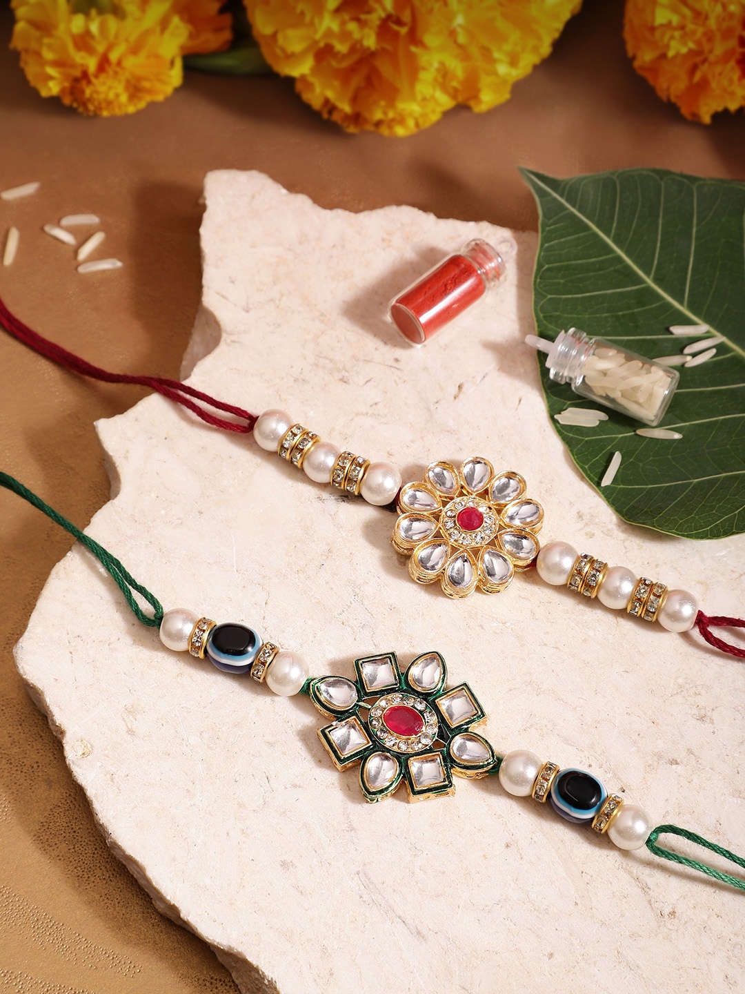 

Anouk Unisex Set of 2 Beaded Bhai Bhabhi Rakhis With Roli & Chawal, Maroon