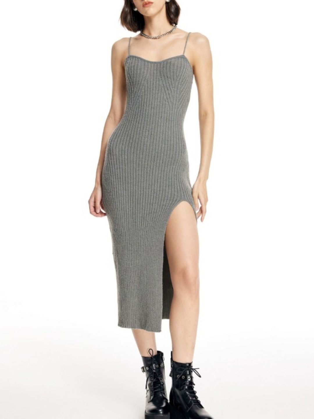 

StyleCast Striped Shoulder Straps Sheath Midi Dress, Grey