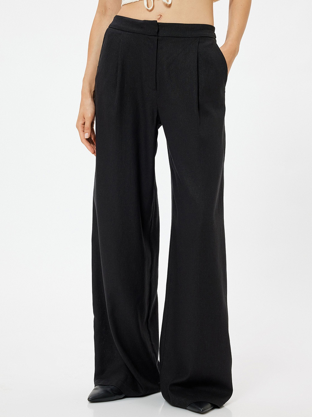 

Koton Women Mid-Rise Loose Fit Wide Leg Trousers, Black