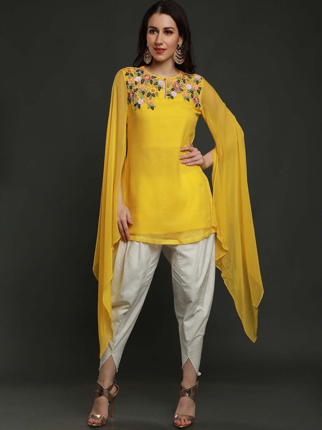 

Sejal Kamdar Amarillo Floral Embroidered Beads and Stones Kurti with Dhoti Pants, Yellow