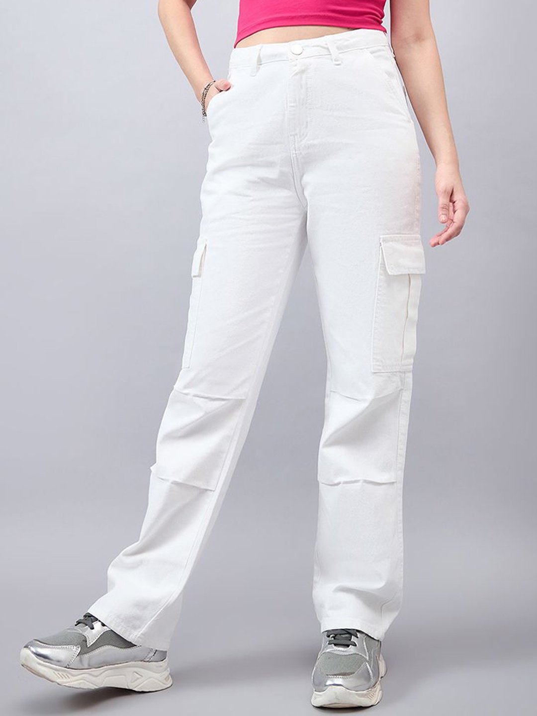 

Style Quotient Women Relaxed Fit High Rise Cargo Jeans, White