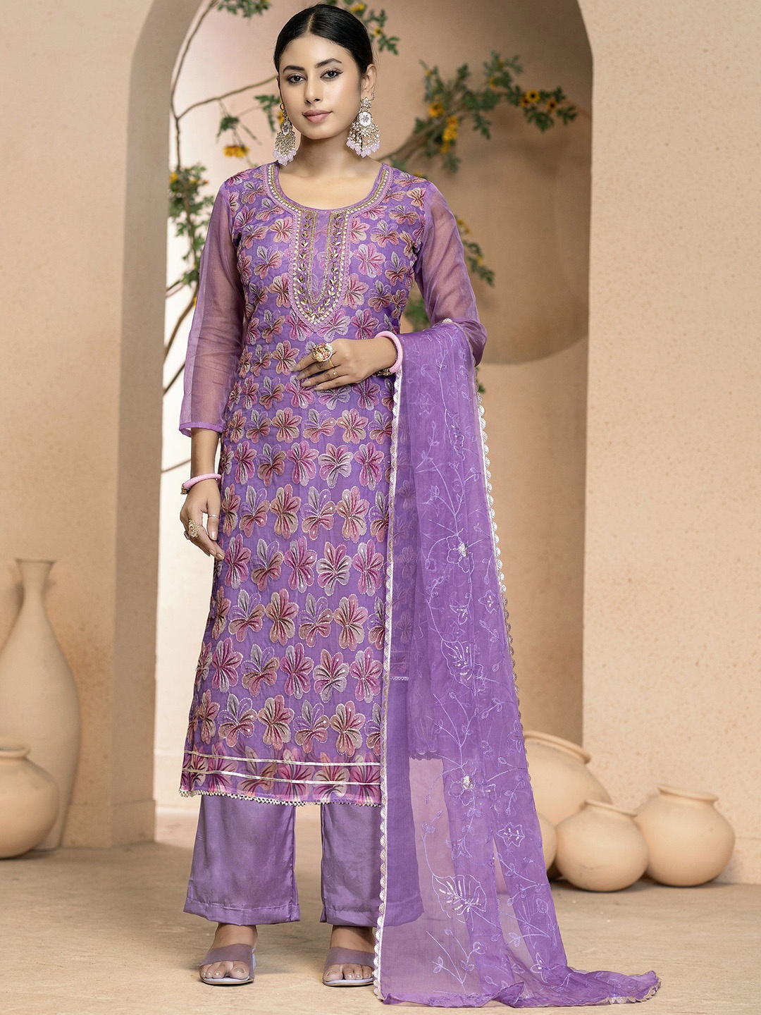 

MANVAA Embellished Beads & Stones Organza Unstitched Dress Material, Purple