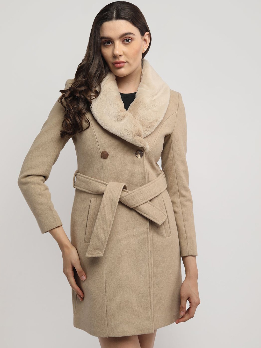

PROTEX Women Solid Double Breasted Winter Woollen Overcoat, Camel brown