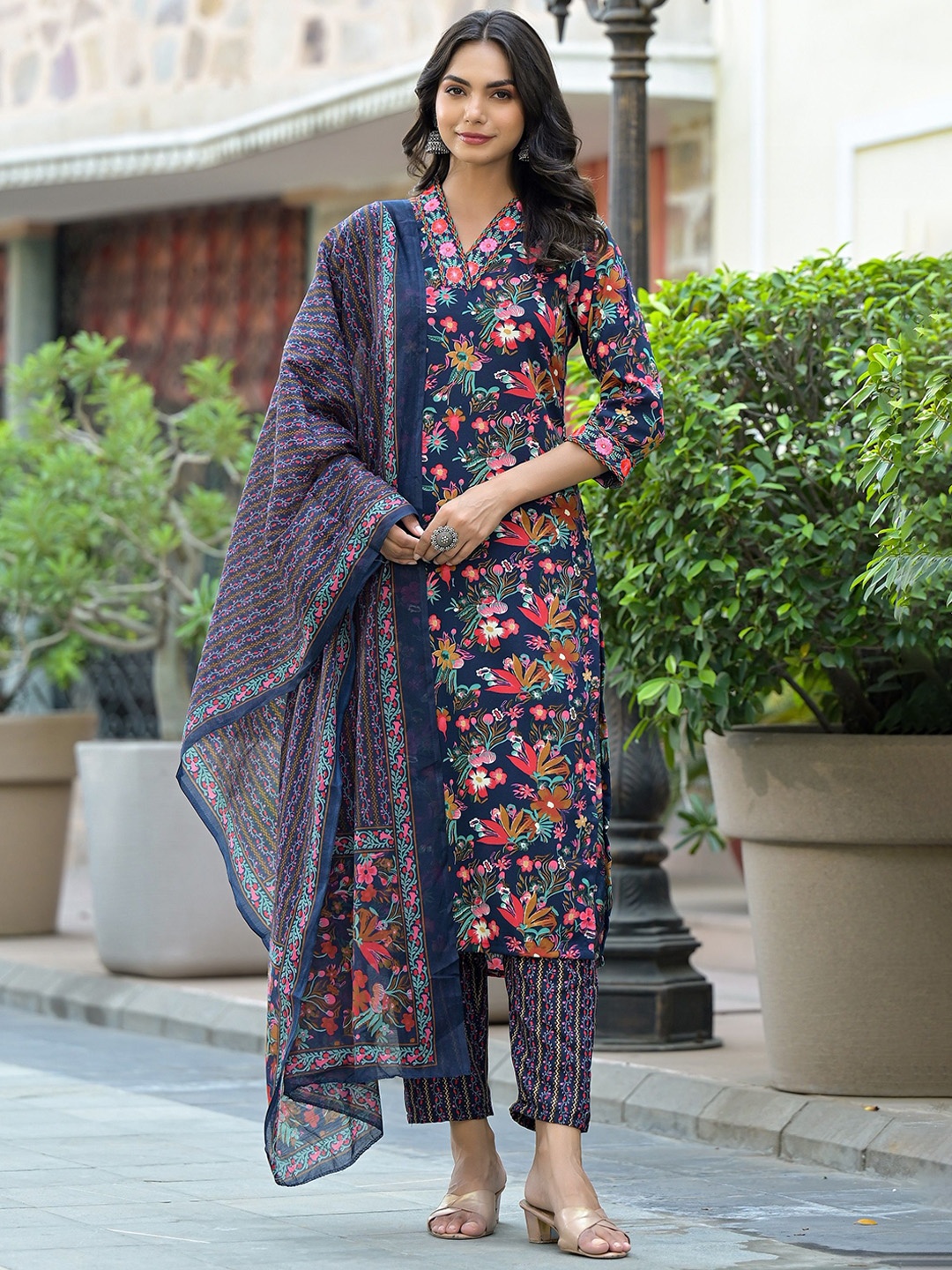 

KALINI Floral Printed Thread Work Straight Kurta With Trousers & Dupatta, Blue