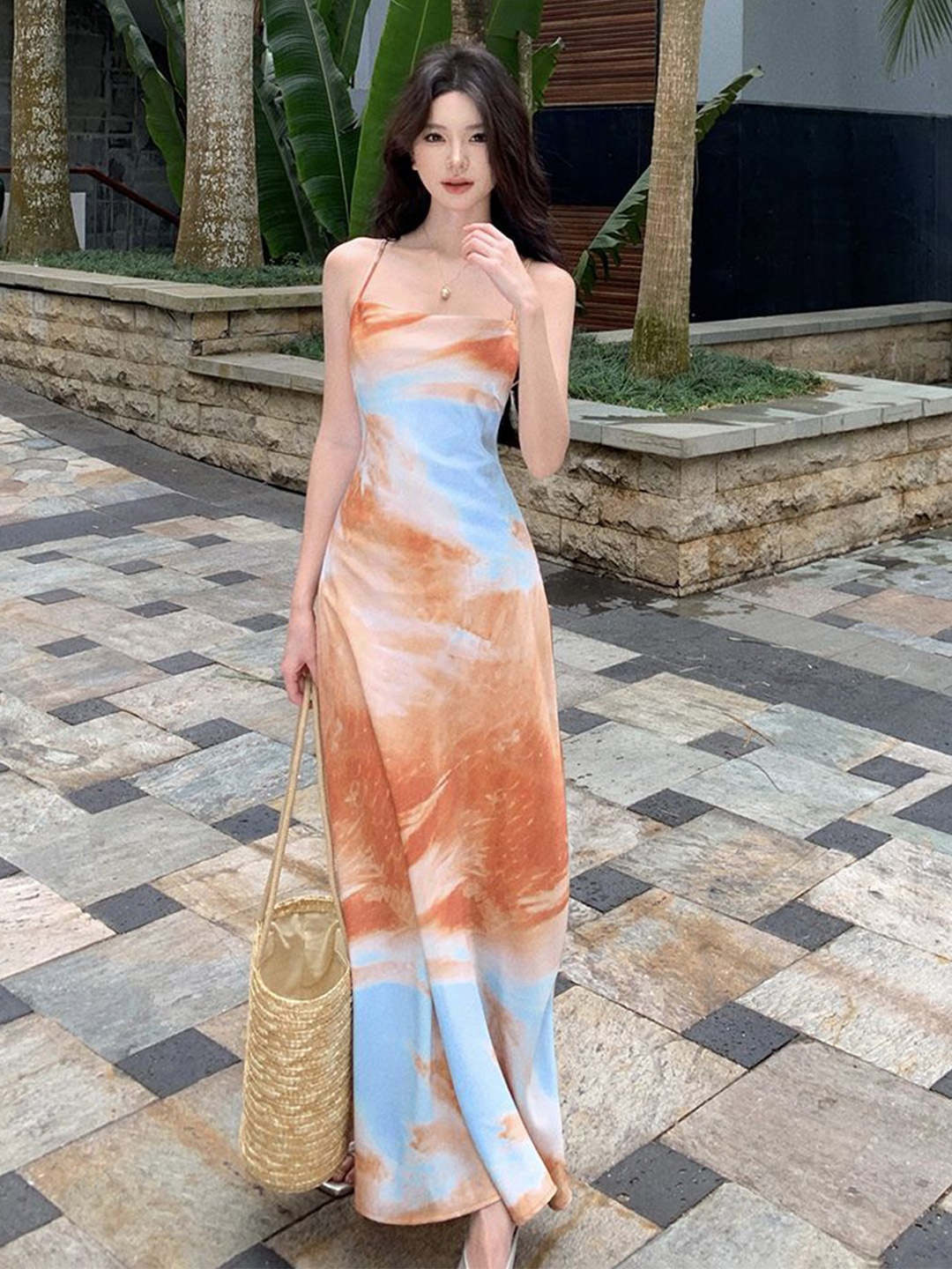 

JC Mode Printed Tie and Dye Sheath Maxi Dress, Beige