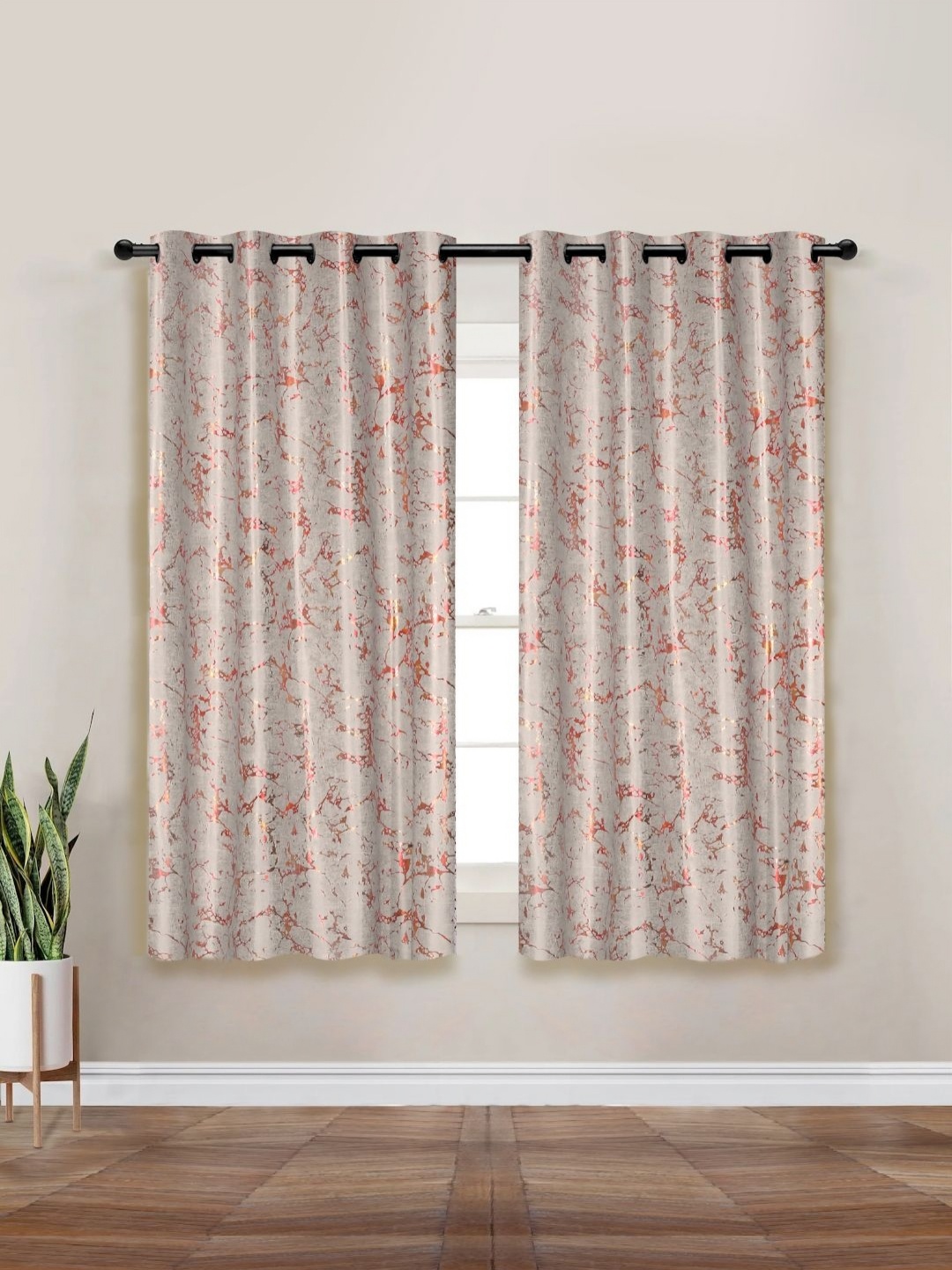 

Myntra Elegant Homes Off White & Red Set of 2 Black Out Window Curtain