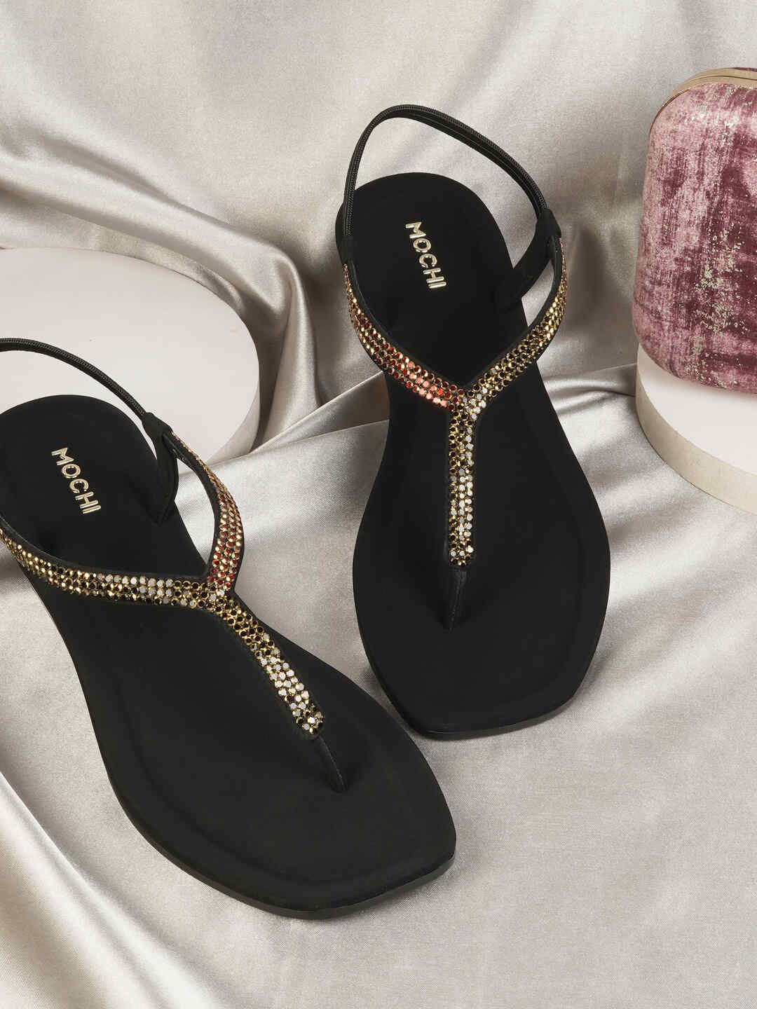 

Mochi Women Backstrap Open Toe T-Strap Flats With Western - Embellished, Black