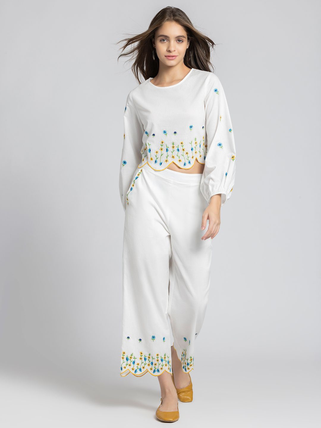 

SHAYE Floral Embroidered Pure Cotton Top With Trouser, White