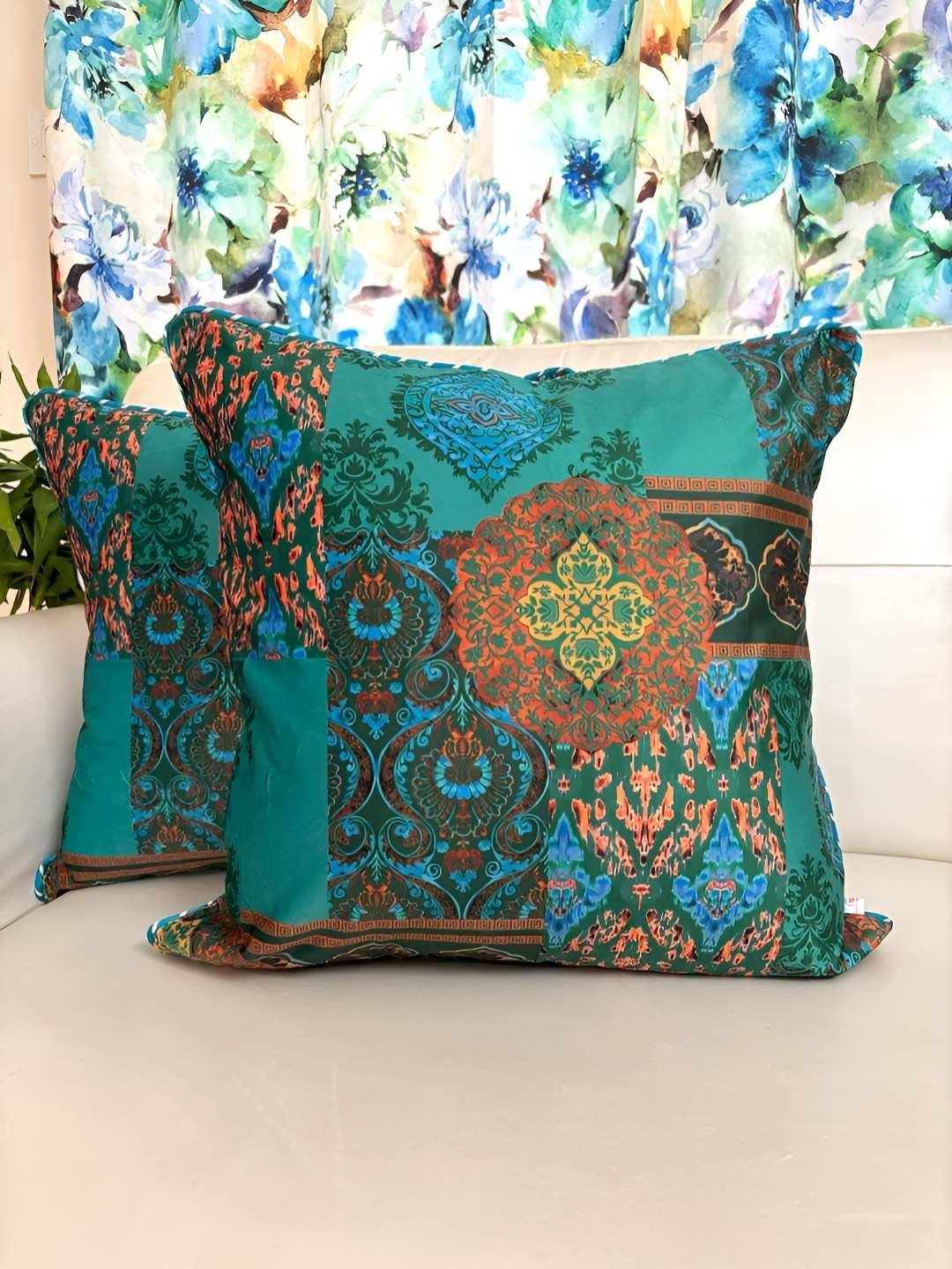 

TARA- Sparkling Homes Blue & Green Set of 2 Ethnic Motifs Velvet Square Cushion Covers