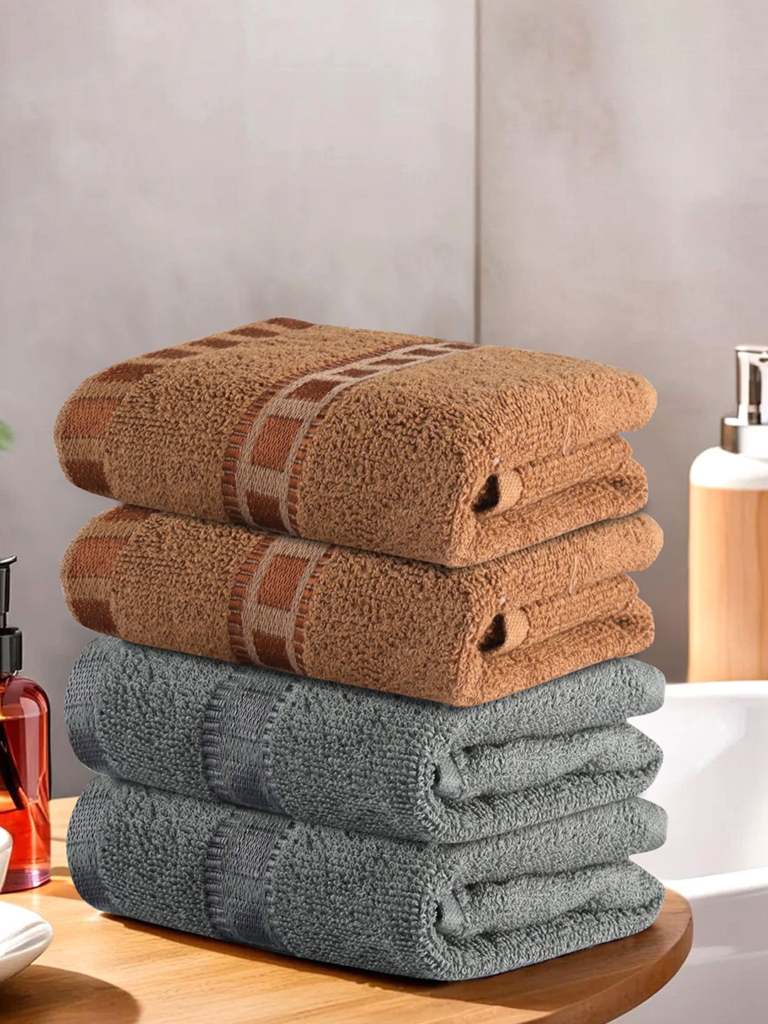 

Kuber Industries Grey & Brown 4 Pieces Striped Cotton Anti-Bacterial 225 GSM Face Towels