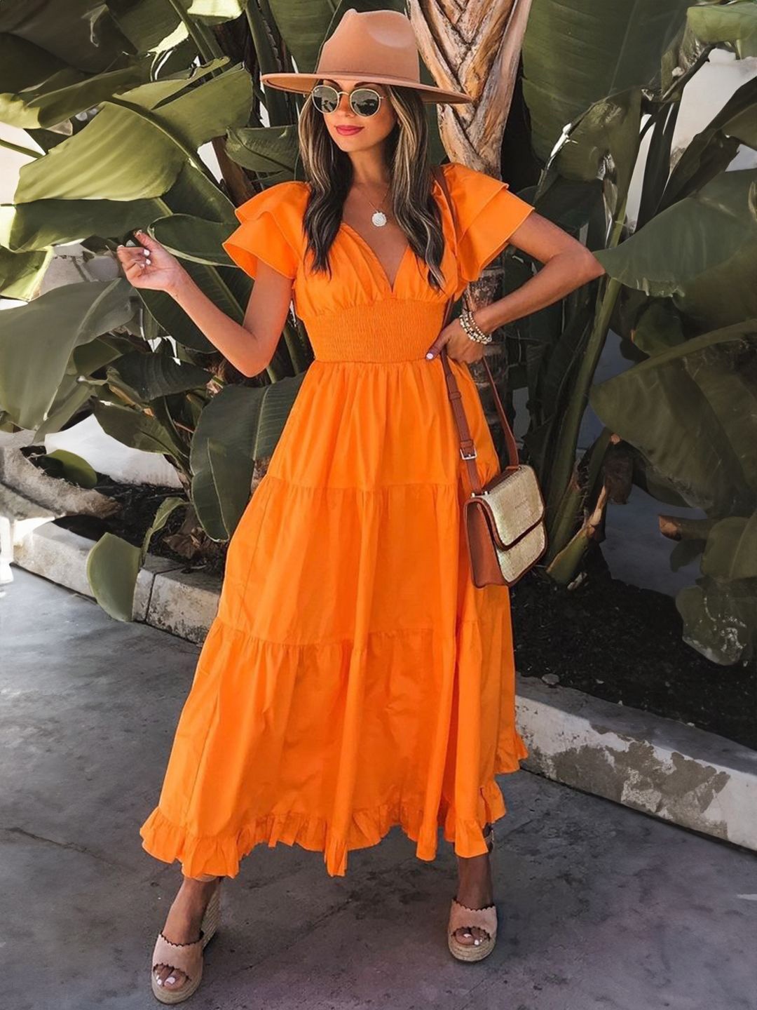 

StyleCast Flared Sleeve Fit & Flare Tiered Dress, Orange