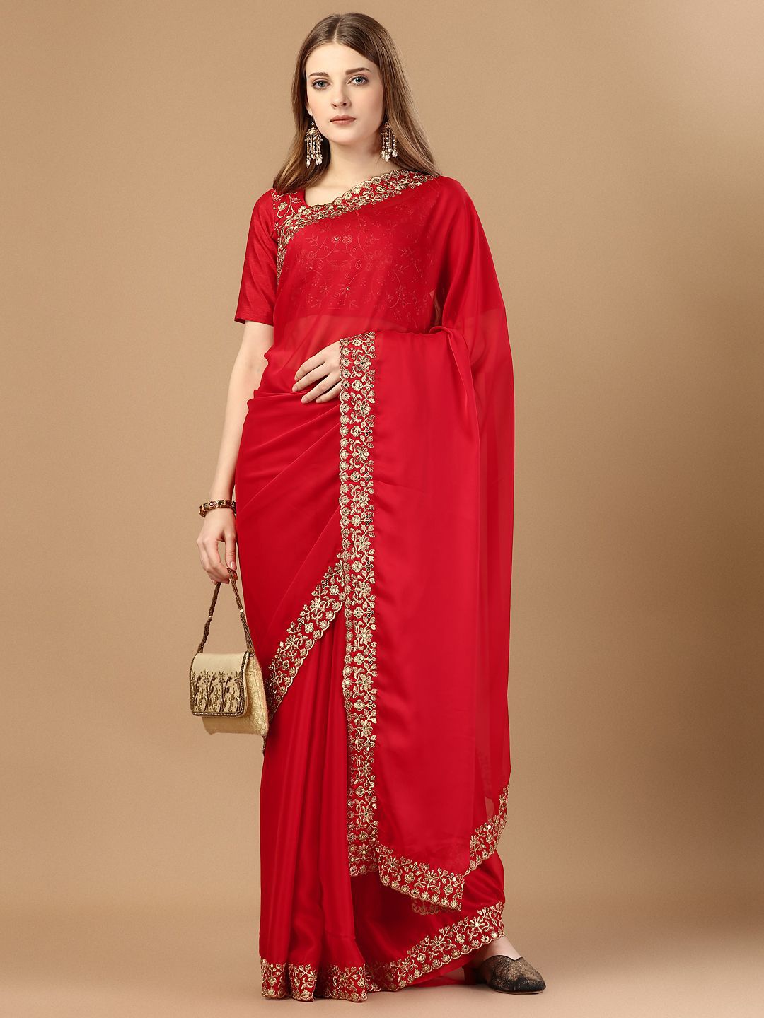 

VAIRAGEE Sequinned Ready to Wear Saree, Red